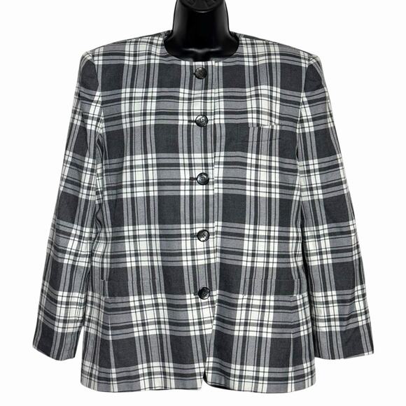 VTG GRAY WHITE PLAID BLAZER 80s 90s CLASSIC PREPPY ACADEMIA FASHION ATTITUDES 14 - Picture 1 of 4